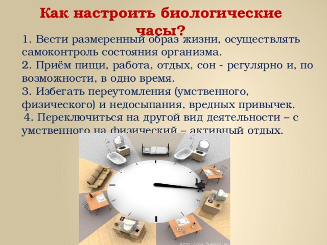 Как настроить биологические часы?    1. Вести размеренный образ жизни, осуществлять самоконтроль состояния организма.  2. Приём пищи, работа, отдых, сон - регулярно и, по возможности, в одно время.  3. Избегать переутомления (умственного, физического) и недосыпания, вредных привычек.  4. Переключиться на другой вид деятельности – с умственного на физический – активный отдых. 