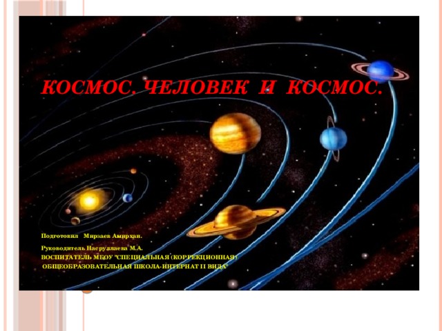 Космос. Человек и космос. Подготовил  Мирзаев Амирхан. Руководитель Насруллаева М.А. ВОСПИТАТЕЛЬ МБОУ 