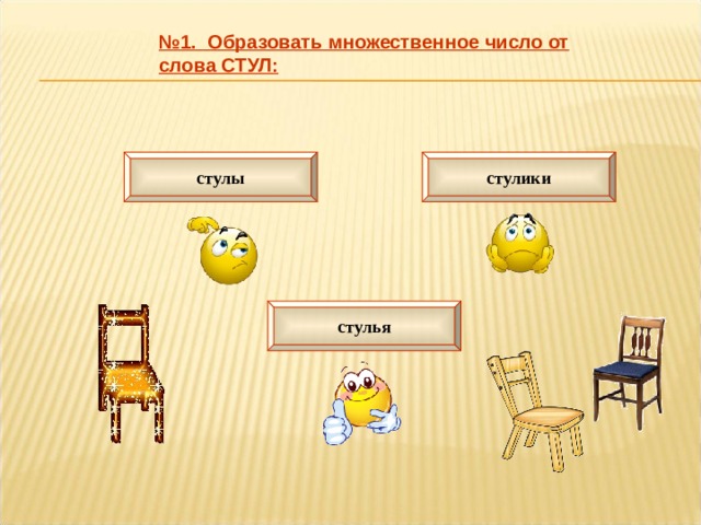 № 1. Образовать множественное число от слова СТУЛ: стулы стулики стулья 