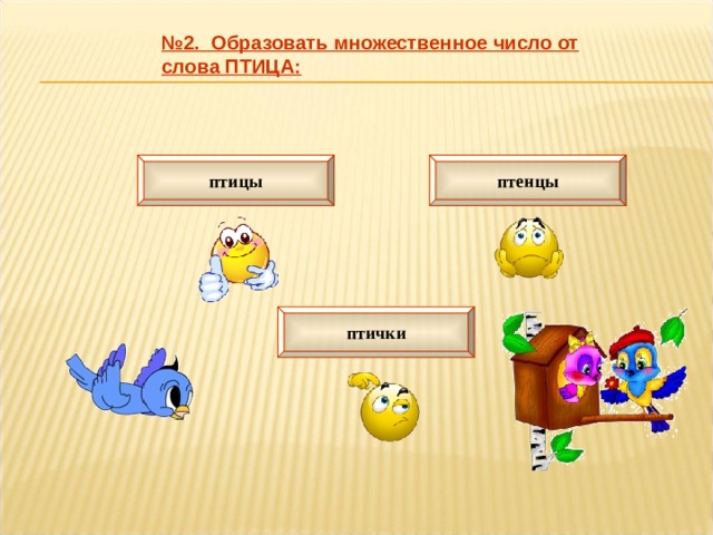 № 2. Образовать множественное число от слова ПТИЦА: птицы птенцы птички 