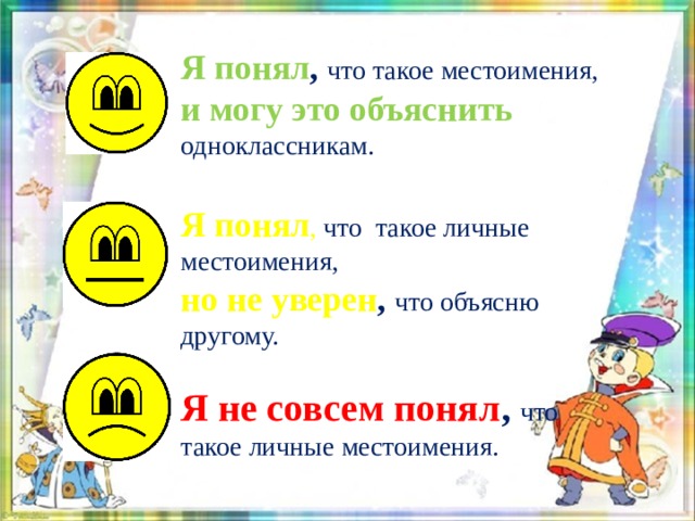 Я понял , что такое местоимения, и могу это объяснить  одноклассникам.  Я понял , что такое личные местоимения, но не уверен ,  что объясню другому. Я не совсем понял ,  что такое личные местоимения. 