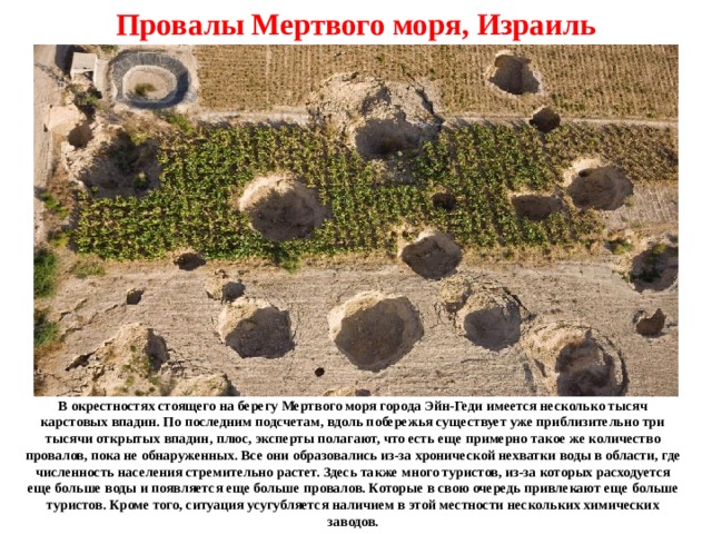 Провалы Мертвого моря, Израиль В окрестностях стоящего на берегу Мертвого моря города Эйн-Геди имеется несколько тысяч карстовых впадин. По последним подсчетам, вдоль побережья существует уже приблизительно три тысячи открытых впадин, плюс, эксперты полагают, что есть еще примерно такое же количество провалов, пока не обнаруженных. Все они образовались из-за хронической нехватки воды в области, где численность населения стремительно растет. Здесь также много туристов, из-за которых расходуется еще больше воды и появляется еще больше провалов. Которые в свою очередь привлекают еще больше туристов. Кроме того, ситуация усугубляется наличием в этой местности нескольких химических заводов. 