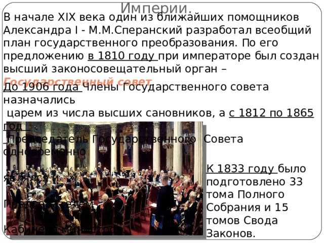  Государственный Совет Российской Империи. В начале XIX века один из ближайших помощников Александра I - М.М.Сперанский разработал всеобщий план государственного преобразования. По его предложению в 1810 году при императоре был создан высший законосовещательный орган – Государственный совет . До 1906 года Члены Государственного совета назначались  царем из числа высших сановников, а с 1812 по 1865 год  Председатель Государственного Совета одновременно  являлся и  Председателем  Кабинета министров. К 1833 году было подготовлено 33 тома Полного Собрания и 15 томов Свода Законов. 