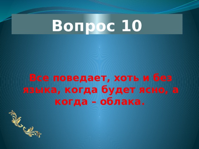 Вопрос 10 Все поведает, хоть и без языка, когда будет ясно, а когда – облака.   