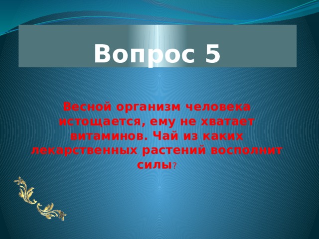 Вопрос 5 Весной организм человека истощается, ему не хватает витаминов. Чай из каких лекарственных растений восполнит силы ? 