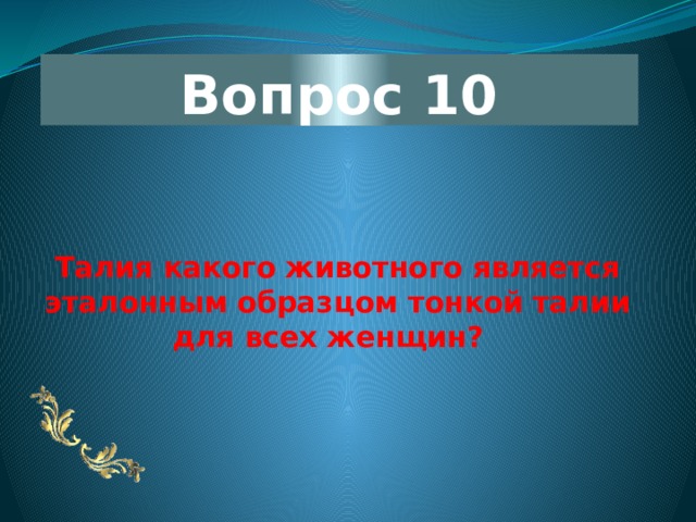 Вопрос 10 Талия какого животного является эталонным образцом тонкой талии для всех женщин?   