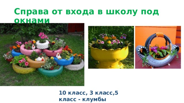Справа от входа в школу под окнами 10 класс, 3 класс,5 класс - клумбы 