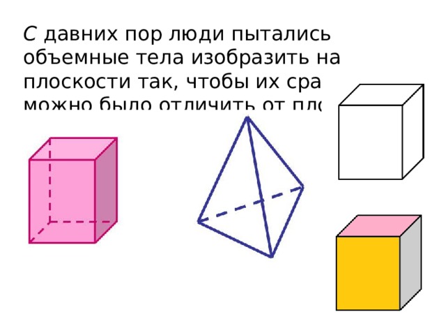 С давних пор люди пытались объемные тела изобразить на плоскости так, чтобы их сразу можно было отличить от плоских 