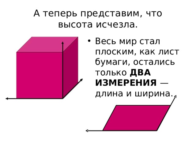 А теперь представим, что  высота исчезла. Весь мир стал плоским, как лист бумаги, остались только ДВА ИЗМЕРЕНИЯ — длина и ширина. 