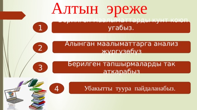 Алтын эреже  Берилген маалыматтарды кунт коюп угабыз.   1 Алынган маалыматтарга анализ жүргүзөбүз 2 Берилген тапшырмаларды так аткарабыз 3 Убакытты туура пайдаланабыз. 4 