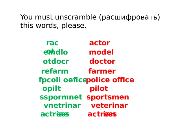 English 4 You must unscramble (расшифровать) this words, please. racot actor emdlo model  doctor  otdocr farmer refarm police office fpcoli oefice pilot opilt sportsmen sspormnet veterinarian vnetrinariae actress actress C.М бовтун, учитель английского языка  