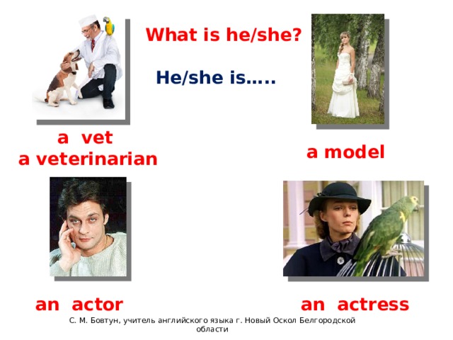 What is he/she? He/she is….. a vet a model a veterinarian an actor an actress С. М. Бовтун, учитель английского языка г. Новый Оскол Белгородской области 