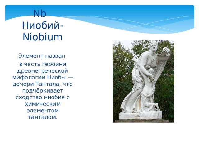 Nb   Ниобий-Niobium Элемент назван в честь героини древнегреческой мифологии Ниобы — дочери Тантала, что подчёркивает сходство ниобия с химическим элементом танталом. 