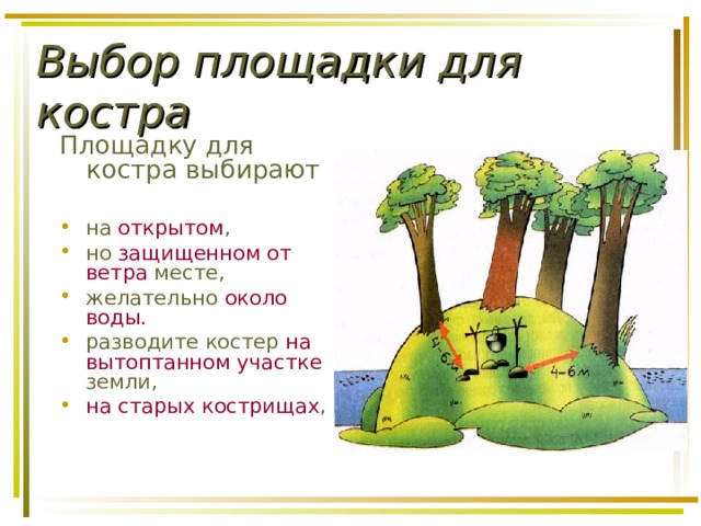Выбор площадки для костра Площадку для костра выбирают на открытом , но защищенном  от ветра месте, желательно около воды. разводите костер на вытоптанном участке земли, на старых кострищах , 