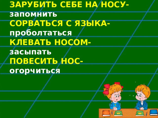 ЗАРУБИТЬ СЕБЕ НА НОСУ- запомнить  СОРВАТЬСЯ С ЯЗЫКА- проболтаться  КЛЕВАТЬ НОСОМ- засыпать  ПОВЕСИТЬ НОС- огорчиться   