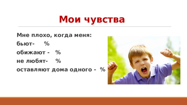 Мои чувства Мне плохо, когда меня: бьют- % обижают - % не любят- % оставляют дома одного - % 