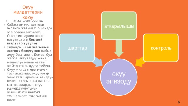 Окуу милдеттерин коюу аткарылышы  этиш формасында Сабактын милдеттери экранга жазылат, ошондой эле оозеки айтылат. Ошентип, аудио жана визуалдарга бирдей шарттар түзүлөт. Экрандын сол жагынын жогору бөлүгүнөн кабыл алуу башталат. Демек, бул жерге актуалдуу жана маанилүү маалыматты жайгаштырылууга тийиш. Окуу милдеттери менен таанышканда, окуучулар эмне тапшырманы аткаруу керек, кайсы каражаттар менен, алардын окуу ишмердүүлүгүнүн жыйынтыгы кантип текшерилет так билиш керек шарттар контроль окуу эпизоду 5 