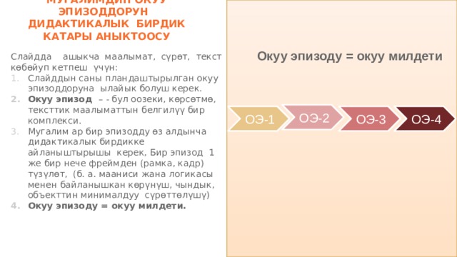 МУГАЛИМДИН ОКУУ ЭПИЗОДДОРУН ДИДАКТИКАЛЫК БИРДИК КАТАРЫ АНЫКТООСУ Окуу эпизоду = окуу милдети Слайдда ашыкча маалымат, сүрөт, текст көбөйуп кетпеш үчүн: Слайддын саны пландаштырылган окуу эпизоддоруна ылайык болуш керек. Окуу эпизод – - бул оозеки, көрсөтмө, тексттик маалыматтын белгилүү бир комплекси. Мугалим ар бир эпизодду өз алдынча дидактикалык бирдикке айланыштырышы керек, Бир эпизод 1 же бир нече фреймден (рамка, кадр) түзүлөт, (б. а. мааниси жана логикасы менен байланышкан көрүнүш, чындык, объекттин минималдуу сүрөттөлүшү) Окуу эпизоду = окуу милдети. ОЭ-2 ОЭ-1 ОЭ-3 ОЭ-4 6 