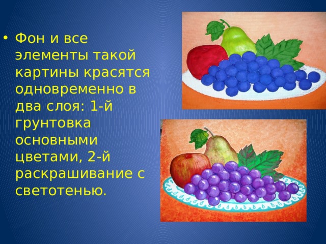 Фон и все элементы такой картины красятся одновременно в два слоя: 1-й грунтовка основными цветами, 2-й раскрашивание с светотенью. 