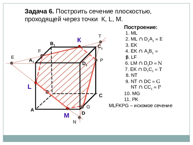 Задача  6. Построить сечение плоскостью, проходящей через точки К, L, М. Построение: 1. ML T К 2. ML ∩  D 1 А 1  = E В 1 3. EK C 1 F 4 . EK ∩  А 1 B 1  = F 5 . LF E P А 1 6 . LM ∩  D 1 D = N D 1 7 . Е K ∩  D 1 C 1 = T 8 . NT 9 . NT ∩  DC = G  NT ∩  CC 1 = P L В 10 . MG С 11 . PK М LFKPG – искомое сечение G А D М N 22 