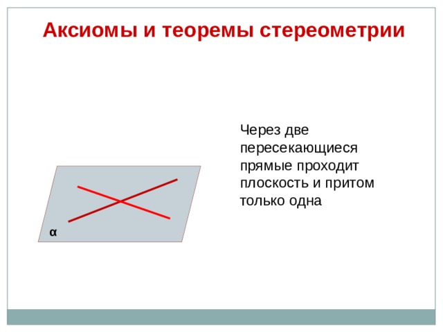  Аксиомы и теоремы стереометрии  Через две пересекающиеся прямые проходит плоскость и притом только одна α 7 