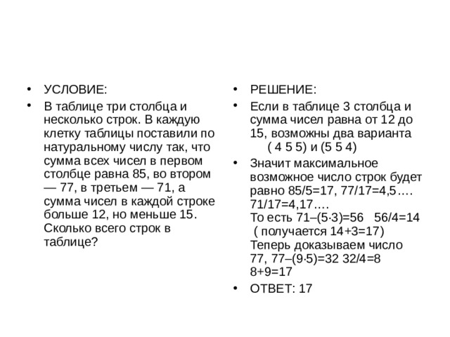 УСЛОВИЕ: В таблице три столбца и несколько строк. В каждую клетку таблицы поставили по натуральному числу так, что сумма всех чисел в первом столбце равна 85, во втором — 77, в третьем — 71, а сумма чисел в каждой строке больше 12, но меньше 15. Сколько всего строк в таблице? РЕШЕНИЕ: Если в таблице 3 столбца и сумма чисел равна от 12 до 15, возможны два варианта ( 4 5 5) и (5 5 4) Значит максимальное возможное число строк будет равно 85/5=17, 77/17=4,5…. 71/17=4,17….  То есть 71–(5·3)=56 56/4=14 ( получается 14+3=17)  Теперь доказываем число 77, 77–(9·5)=32 32/4=8 8+9=17 ОТВЕТ: 17 