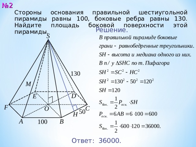 № 2 Стороны основания правильной шестиугольной пирамиды равны 100, боковые ребра равны 130. Найдите площадь боковой поверхности этой пирамиды.  Решение. S 13 0 M D E F C O 50 Н A B 10 0 Ответ: 360 00. 3 