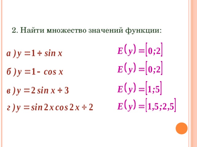 РЕШЕНИЕ УПРАЖНЕНИЙ 2. Найти множество значений функции: 