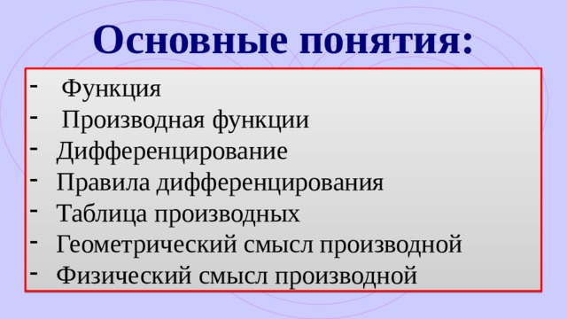 Основные понятия: Функция Производная функции Дифференцирование Правила дифференцирования Таблица производных Геометрический смысл производной Физический смысл производной 
