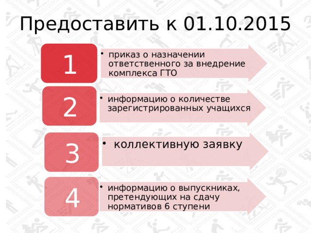 Предоставить к 01.10.2015 1 приказ о назначении ответственного за внедрение комплекса ГТО приказ о назначении ответственного за внедрение комплекса ГТО 2 информацию о количестве зарегистрированных учащихся информацию о количестве зарегистрированных учащихся  коллективную заявку  коллективную заявку 3 информацию о выпускниках, претендующих на сдачу нормативов 6 ступени информацию о выпускниках, претендующих на сдачу нормативов 6 ступени 4 