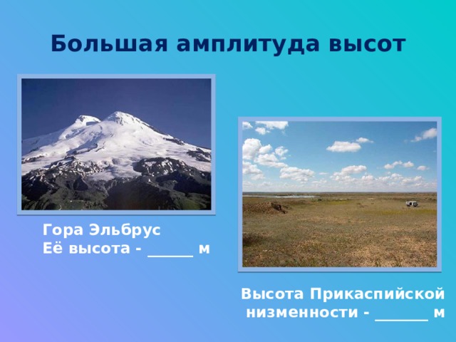 Большая амплитуда высот Гора Эльбрус Её высота - ______ м Высота Прикаспийской  низменности - _______ м 