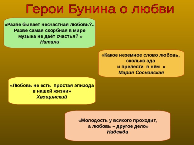 «Разве бывает несчастная любовь?.. Разве самая скорбная в мире  музыка не даёт счастья? » Натали «Какое неземное слово любовь, сколько ада и прелести в нём » Мария Сосновская «Любовь не есть простая эпизода в нашей жизни» Хвощинский «Молодость у всякого проходит,  а любовь – другое дело» Надежда 