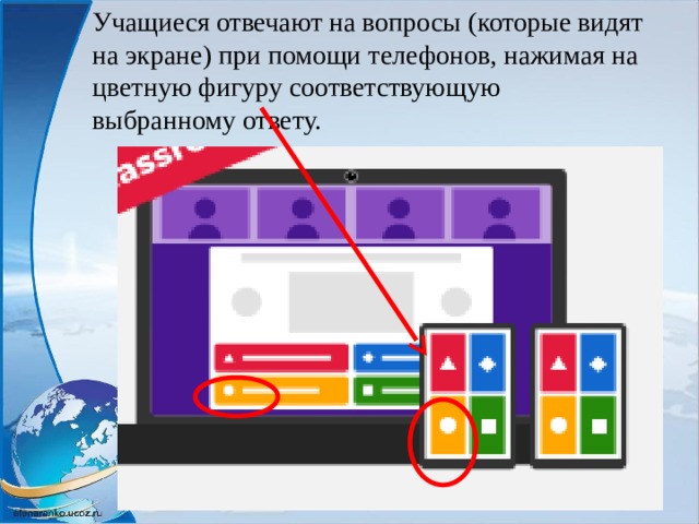 Учащиеся отвечают на вопросы (которые видят на экране) при помощи телефонов, нажимая на цветную фигуру соответствующую  выбранному ответу. 