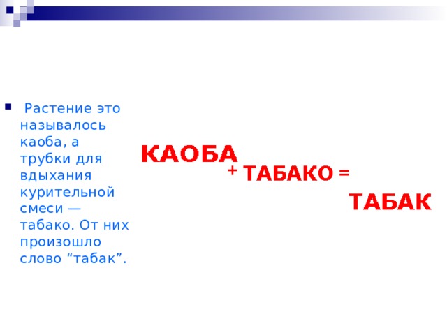  Растение это называлось каоба, а трубки для вдыхания курительной смеси — табако. От них произошло слово “табак”.  