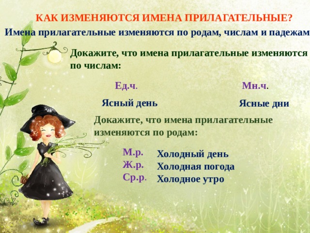 КАК ИЗМЕНЯЮТСЯ ИМЕНА ПРИЛАГАТЕЛЬНЫЕ? Имена прилагательные изменяются по родам, числам и падежам Докажите, что имена прилагательные изменяются по числам: Ед.ч . Мн.ч . Ясный день Ясные дни Докажите, что имена прилагательные изменяются по родам: М.р. Ж.р. Ср.р . Холодный день Холодная погода Холодное утро 