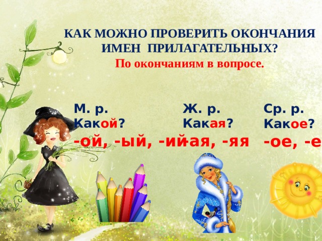 КАК МОЖНО ПРОВЕРИТЬ ОКОНЧАНИЯ ИМЕН ПРИЛАГАТЕЛЬНЫХ? По окончаниям в вопросе. М. р. Как ой ? Ж. р. Как ая ? -ой, -ый, -ий -ая, -яя Ср. р. Как ое ? -ое, -ее 