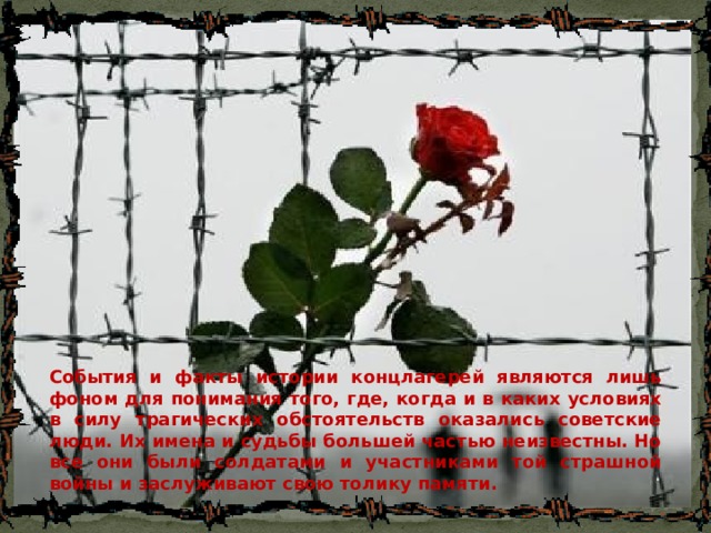 События и факты истории концлагерей являются лишь фоном для понимания того, где, когда и в каких условиях в силу трагических обстоятельств оказались советские люди. Их имена и судьбы большей частью неизвестны. Но все они были солдатами и участниками той страшной войны и заслуживают свою толику памяти. 
