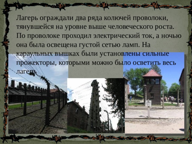 Лагерь ограждали два ряда колючей проволоки, тянувшейся на уровне выше человеческого роста. По проволоке проходил электрический ток, а ночью она была освещена густой сетью ламп. На караульных вышках были установлены сильные прожекторы, которыми можно было осветить весь лагерь 