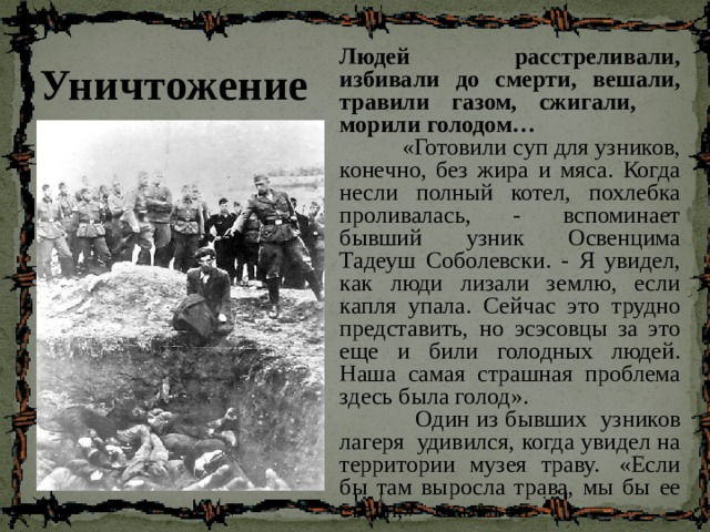 Людей расстреливали, избивали до смерти, вешали, травили газом, сжигали, морили голодом…  «Готовили суп для узников, конечно, без жира и мяса. Когда несли полный котел, похлебка проливалась, - вспоминает бывший узник Освенцима Тадеуш Соболевски. - Я увидел, как люди лизали землю, если капля упала. Сейчас это трудно представить, но эсэсовцы за это еще и били голодных людей. Наша самая страшная проблема здесь была голод».  Один из бывших узников лагеря  удивился, когда увидел на территории музея траву.  «Если бы там выросла трава, мы бы ее съели,» - сказал он Уничтожение  