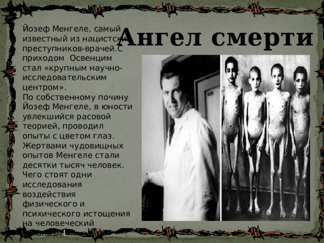 Ангел смерти Йозеф Менгеле, самый известный из нацистских преступников-врачей.С приходом Освенцим стал «крупным научно-исследовательским центром». По собственному почину Йозеф Менгеле, в юности увлекшийся расовой теорией, проводил опыты с цветом глаз. Жертвами чудовищных опытов Менгеле стали десятки тысяч человек. Чего стоят одни исследования воздействия физического и психического истощения на человеческий организм ! 