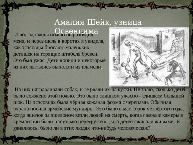 Амалия Шейх, узница Освенцима  И вот однажды ночью он разбудил меня, и через щель в воротах я увидела, как эсэсовцы бросают маленьких детишек на горящие штабеля брёвен. Это был ужас. Дети вопили и некоторые из них пытались выползти из пламени .  На них натравливали собак, и те рвали их на куски. Не знаю, сколько детей было сожжено этой ночью. Это было слишком ужасно - слишком большой шок. На эсэсовцах была чёрная кожаная форма с черепами. Обычная охрана носила армейские мундиры. Это было в мае сорок четвёртого года, когда эшелон за эшелоном везли людей на смерть, когда газовые камеры и крематории были настолько перегружены, что детей сжигали живыми. Я удивляюсь, было ли в этих людях что-нибудь человеческое? 