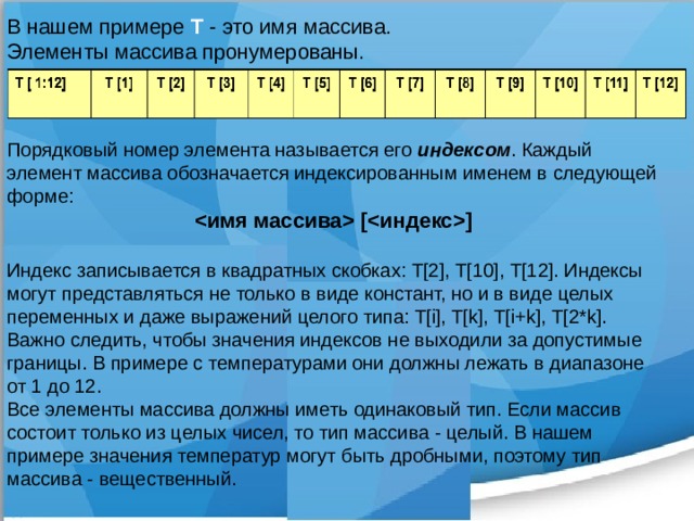 В нашем примере Т - это имя массива. Элементы массива пронумерованы. Порядковый номер элемента называется его  индексом . Каждый элемент массива обозначается индексированным именем в следующей форме:  []  Индекс записывается в квадратных скобках: Т[2], Т[10], Т[12]. Индексы могут представляться не только в виде констант, но и в виде целых переменных и даже выражений целого типа: T[i], T[k], T[i+k], T[2*k]. Важно следить, чтобы значения индексов не выходили за допустимые границы. В примере с температурами они должны лежать в диапазоне от 1 до 12. Все элементы массива должны иметь одинаковый тип. Если массив состоит только из целых чисел, то тип массива - целый. В нашем примере значения температур могут быть дробными, поэтому тип массива - вещественный. 