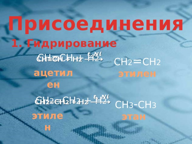 I . Присоединения 1. Гидрирование СН≡СН + Н 2    СН 2 = СН 2 ацетилен  этилен СН 2 =СН 2 + Н 2    СН 3 - СН 3 этилен этан 4 