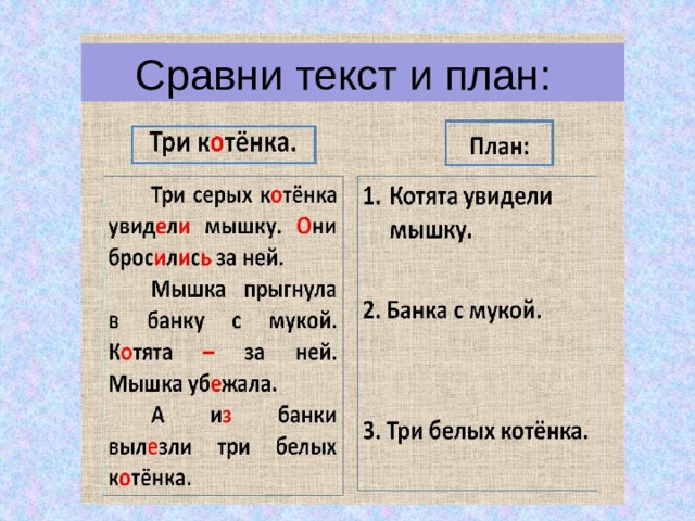  Сравни текст и план: 