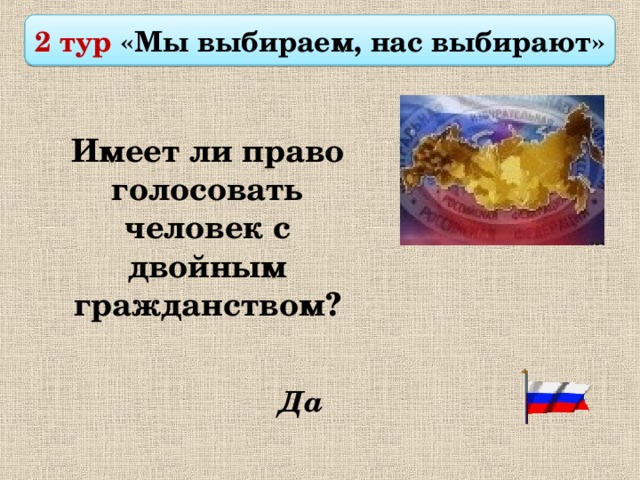  2 тур «Мы выбираем, нас выбирают»  Имеет ли право голосовать человек с двойным гражданством? Да 