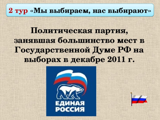  2 тур «Мы выбираем, нас выбирают»  Политическая партия, занявшая большинство мест в Государственной Думе РФ на выборах в декабре 2011 г. 