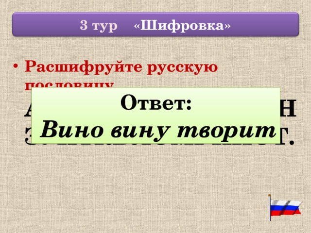  3 тур «Шифровка»  Расшифруйте русскую пословицу АВБИВНГОДВЕИЖНЗУИТКВЛОМРНИОТ.  Ответ:  Вино вину творит 