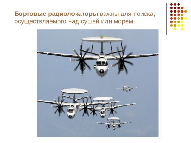 Бортовые радиолокаторы важны для поиска, осуществляемого над сушей или морем. 