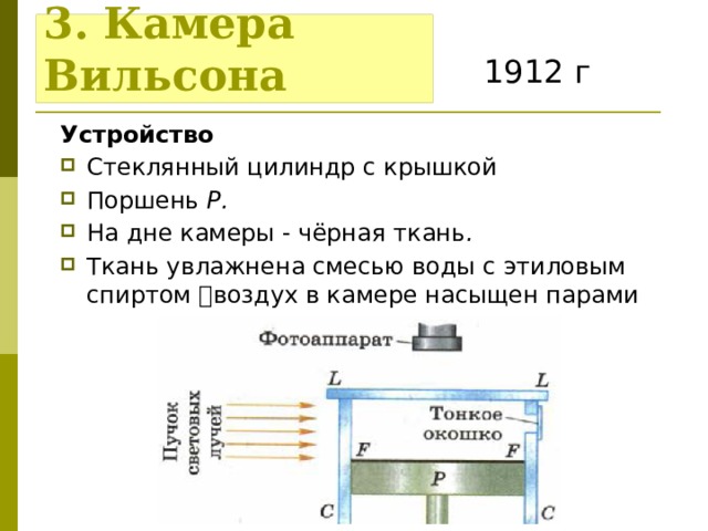 3. Камера Вильсона 1912 г Устройство Стеклянный цилиндр с крышкой Поршень Р. На дне камеры - чёрная ткань . Ткань увлажнена смесью воды с этиловым спиртом  воздух в камере насыщен парами  