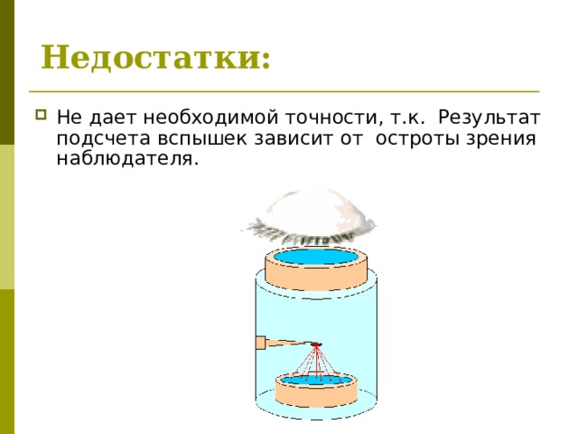 Недостатки:   Не дает необходимой точности, т.к. Результат подсчета вспышек зависит от остроты зрения наблюдателя. 